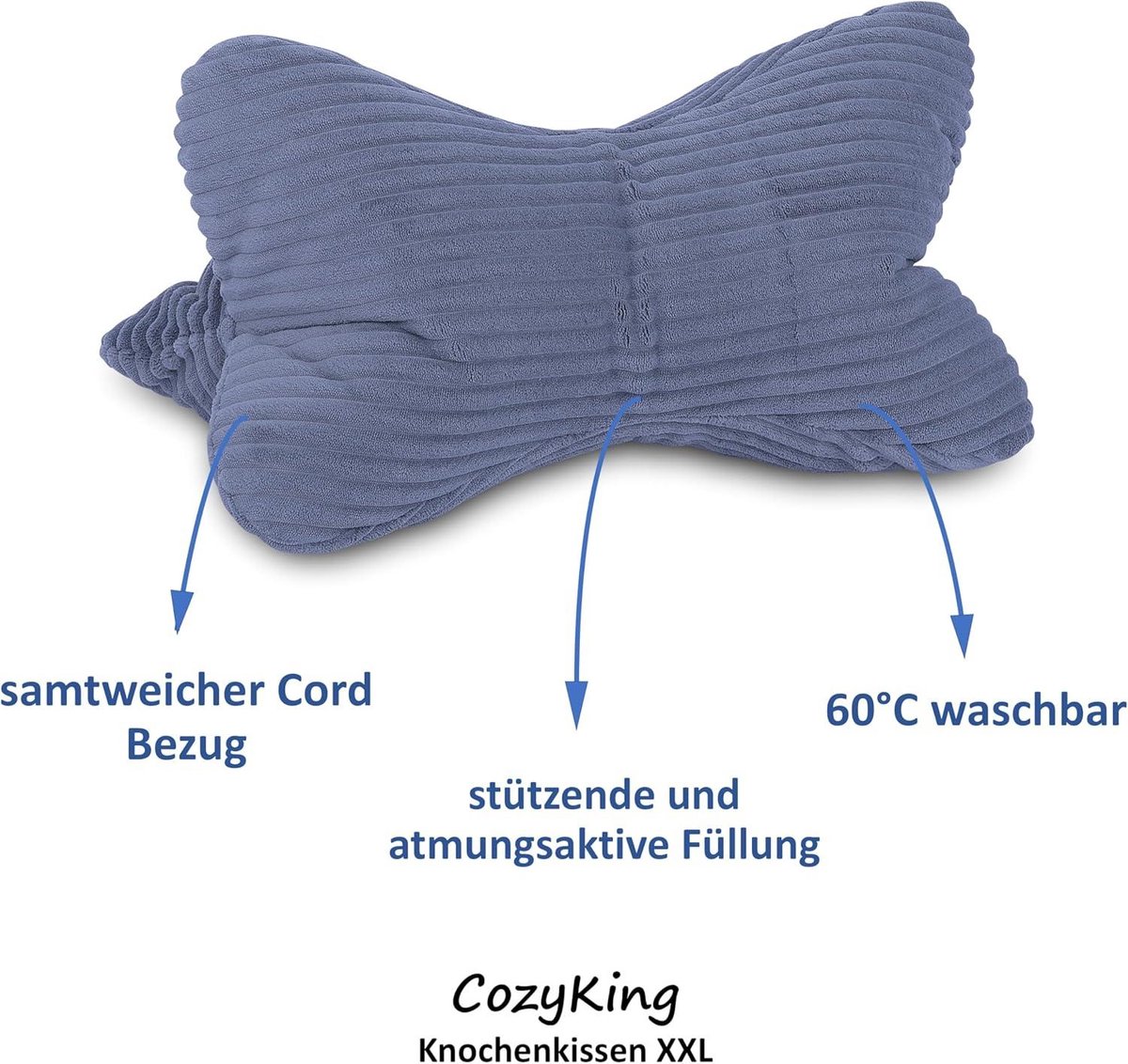Nekrol XXL corduroy, zilver/lichtgrijs, extra lang nekkussen, Öko-Tex 100 en 40 °C wasbaar