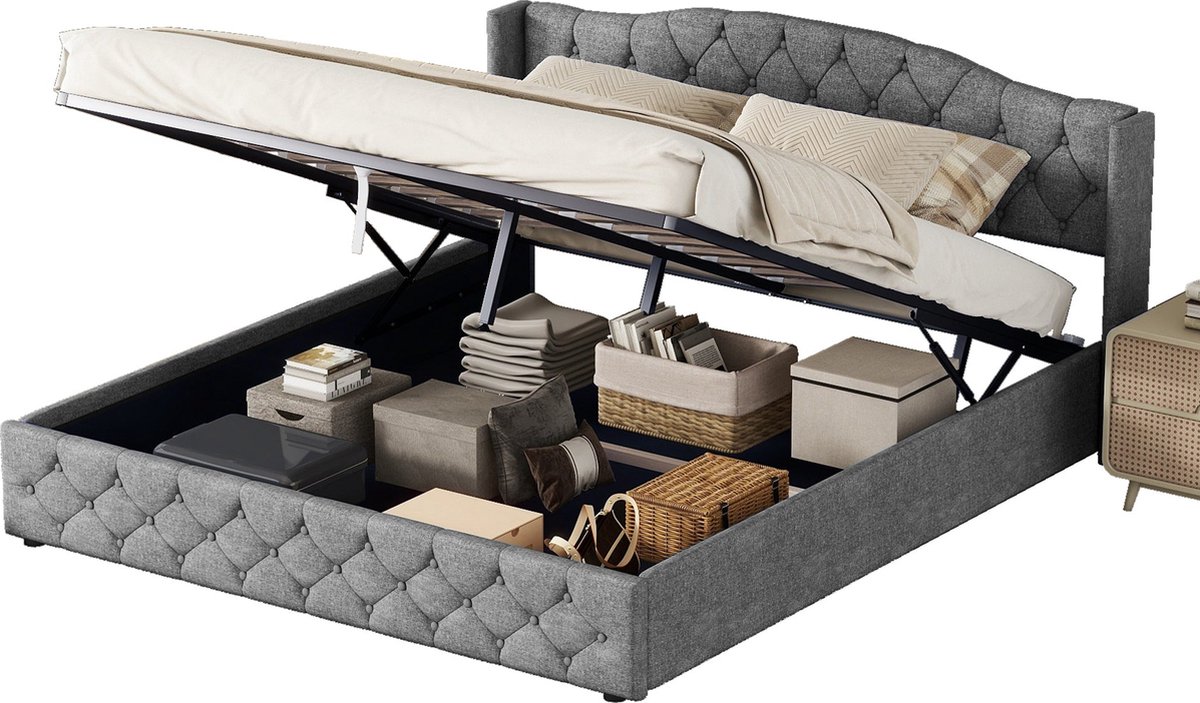 Merax Kingsize Tweepersoonsbed 180x200 cm - Gestoffeerd Bed met Hydraulische Hefmechanisme voor Opbergruimte - Grijs Linnen