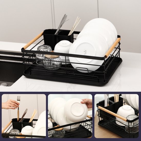 Behave Égouttoir à vaisselle avec égouttoir – Égouttoir à vaisselle – Avec porte-couverts – Gain de place – Zwart