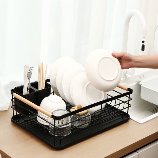 Behave Égouttoir à vaisselle avec égouttoir – Égouttoir à vaisselle – Avec porte-couverts – Gain de place – Zwart