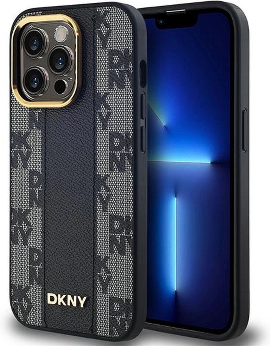 DKNY Leren MagSafe-hoesje met geruit monopatroon voor iPhone 14 Pro Max - Zwart