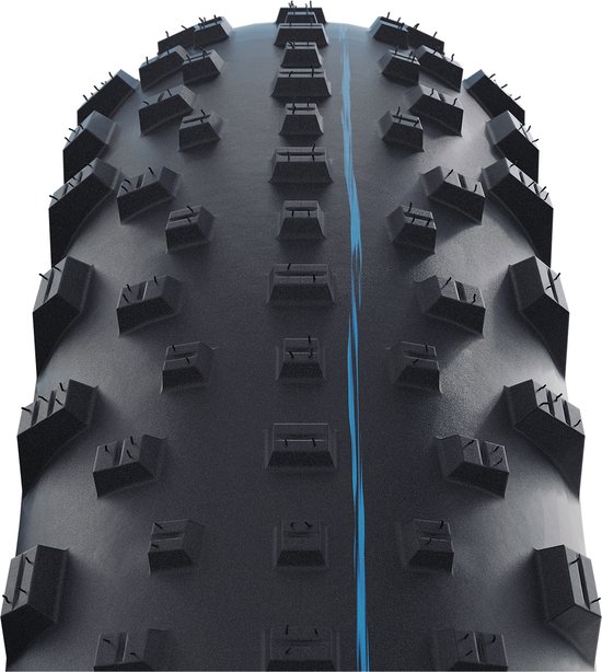 Zwarte Schwalbe Jumbo Jim fietsband met blauwe lijn en blokkerige profiel.