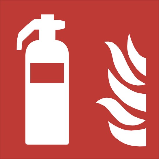 Witte brandblusser en vlammen pictogram op een rode achtergrond.