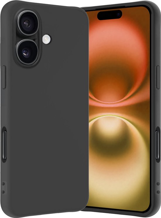 Coque en silicone TPU gris foncé avec découpe caméra, à côté d'un iPhone 16 avec fond d'écran abstrait orange et jaune.
