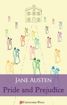 Boekomslag van 'Pride and Prejudice' door Jane Austen, met een schets van een huis en vele bruidsparen in pastelkleuren.