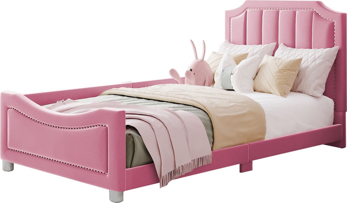 Merax Kinderbed 90x200 cm - Gestoffeerd Eenpersoonsbed - Slaapbank Bedbank - Bedframe in Flanellen Stof - Roze