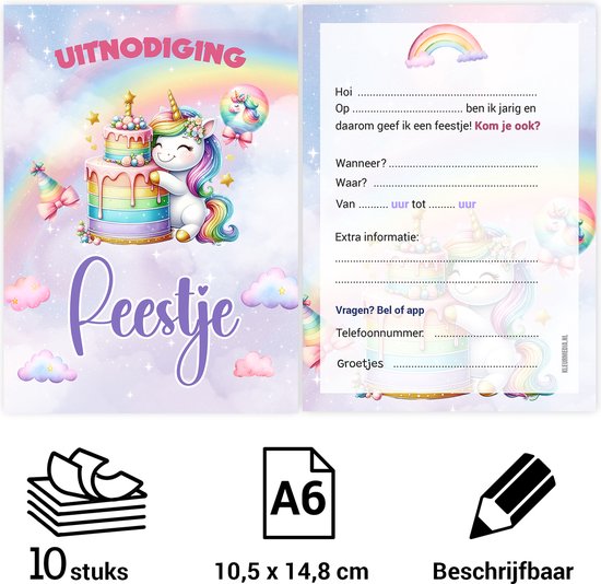 Uitnodigingsset met kaart en envelop, thema eenhoorn, 10 stuks, A6 formaat.