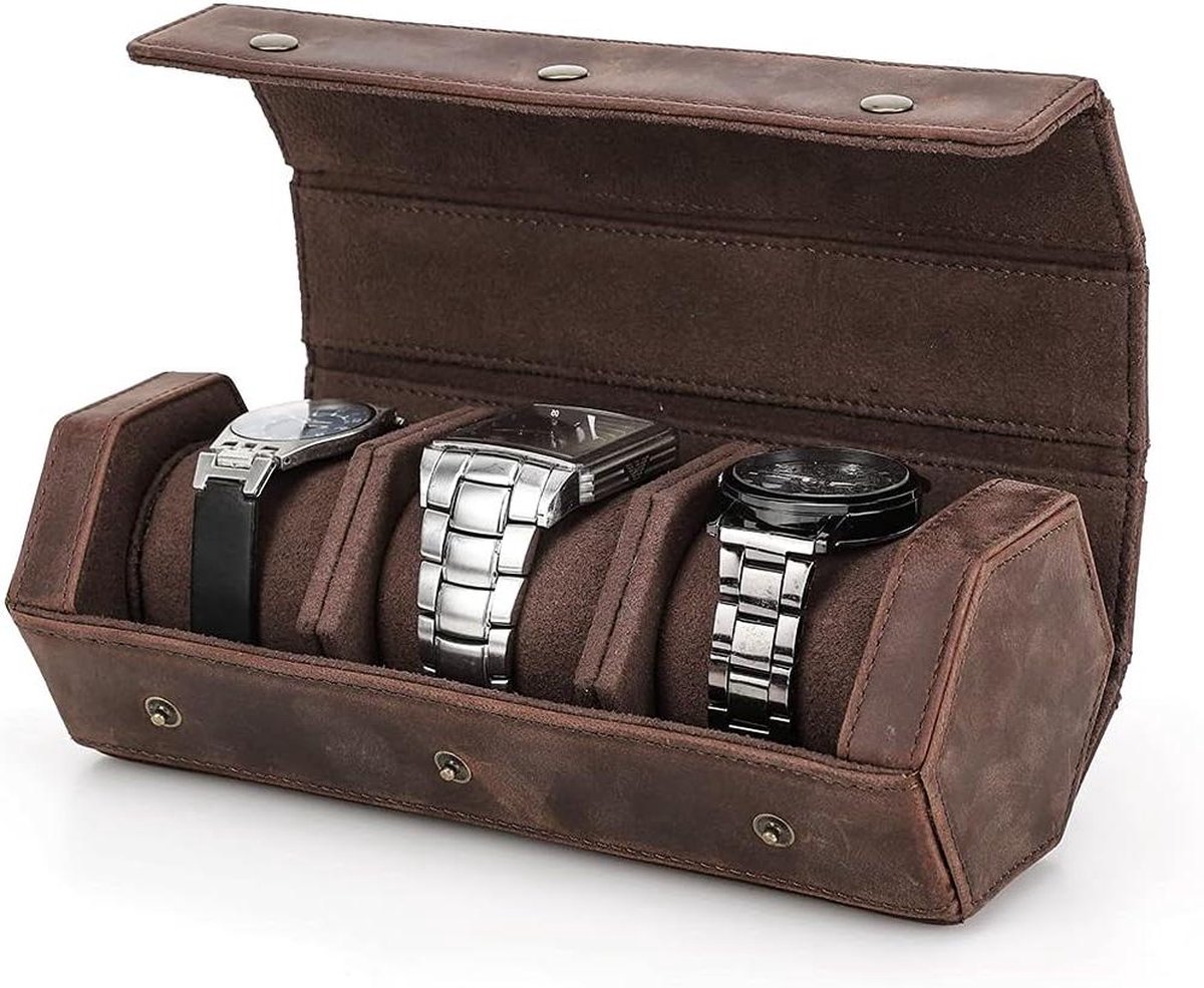 Horloge Roll Case - 3 Horloges - Handgemaakte Lederen Organisator - Zeshoek - Horloge Reisetui - Beschermende Opbergdoos