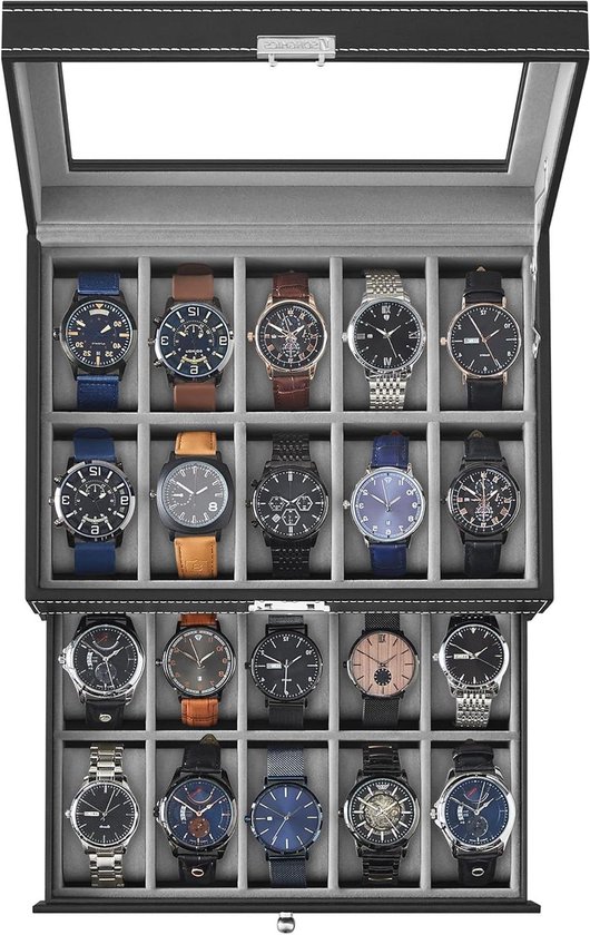 SONGMICS JWB006W01 Horlogedoos met 6 sleuven, horlogekast, glazen deksel, horlogedisplay-box, afneembare horlogekussentjes, metaalsluiting, cadeautip, zwart synthetisch leer, cappuccino-beige voering