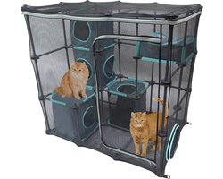 Kattenkooi Binnen - Kattenkooi Voor Buiten - Kattenverblijf Buiten - Kattenhuis - Kattenbench - Kattenren - Kattenverblijf - Duurzaam Materiaal - Eenvoudig Uit Te Breiden - Inclusief Verschillende Slaapruimtes - Voor Binnen & Buiten