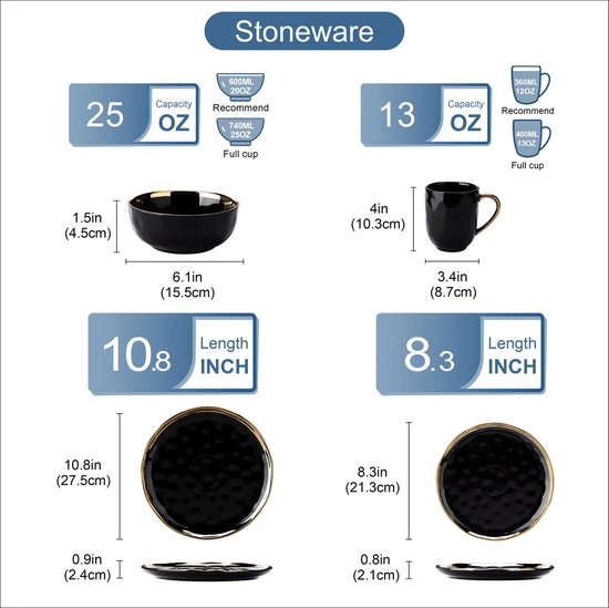 Serviesset - 8 Persoons Servies - Keramiek - Diner- en Dessertborden, Kommen en Kopjes - 32-delige Set - Zwart - Goud