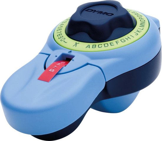 Lichtblauwe DYMO Junior lettertang met donkerblauwe details en draaiwiel voor letters en cijfers.