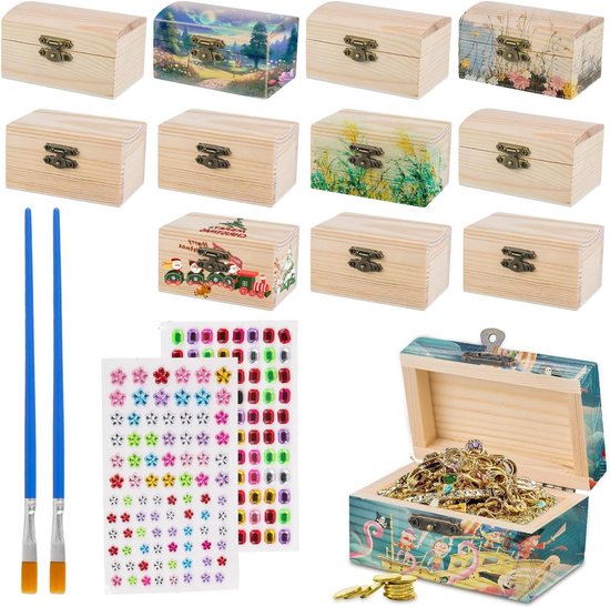 Fentar 10 stuks houten kisten voor ambacht, schatkist kinderen, doe-het-zelf knutseldoos creatieve geschenken voor meisjes, kleine houten kist met scharnierend deksel, kunst en ambachten voor kinderen