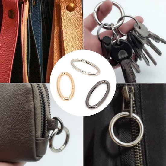 24 stuks rond karabijnhaken set 6 maten. Kleine karabijnhaak ring, zinklegering met veeropening, mini ronde karabijnhaak voor sleutelring tas DIY handwerk, zilver