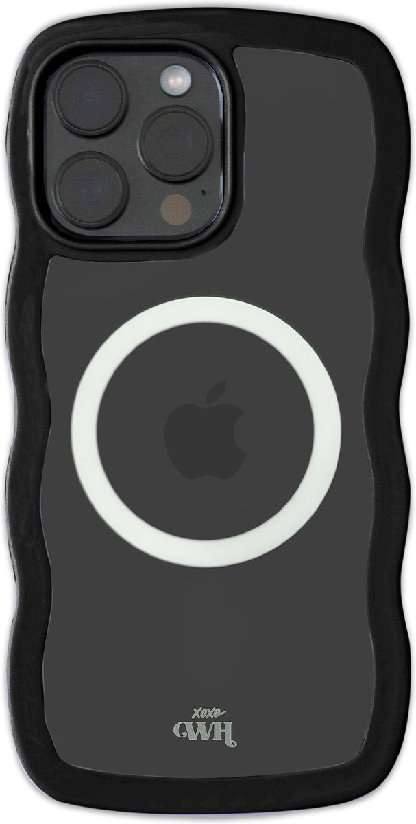 xoxo Wildhearts Magnetische Wavy Case - Zwart telefoonhoesje - Geschikt voor iPhone 15 Pro Max MagSafe - Golvend hoesje - Wolken hoesje - Schokbestendig - Cloud Case met magneet ring - Silicone case - Transparant / Zwart