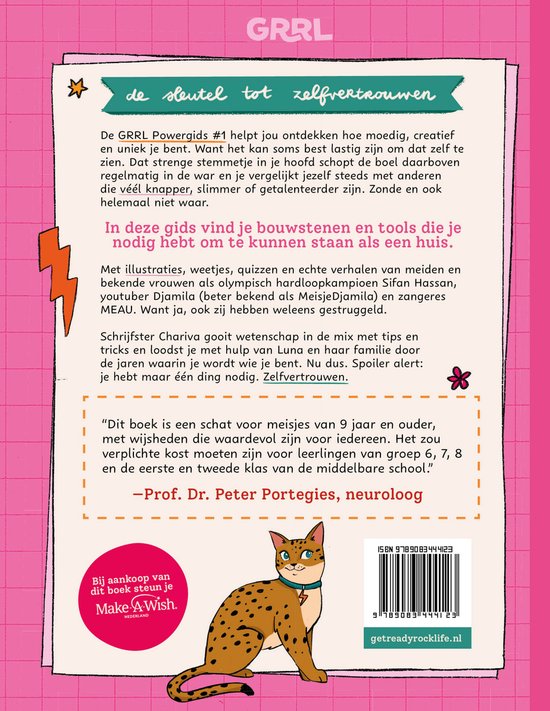 Achterkant GRRL Powergids #1 met tekst over zelfvertrouwen. Een katachtige met vlekken zit naast een QR-code.