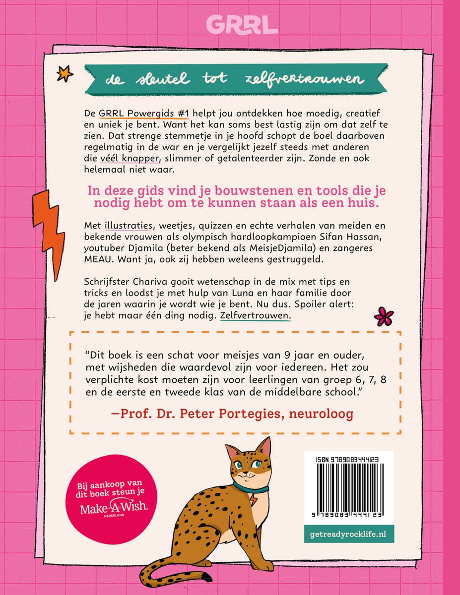Achterkant GRRL Powergids #1 met tekst over zelfvertrouwen. Een katachtige met vlekken zit naast een QR-code.