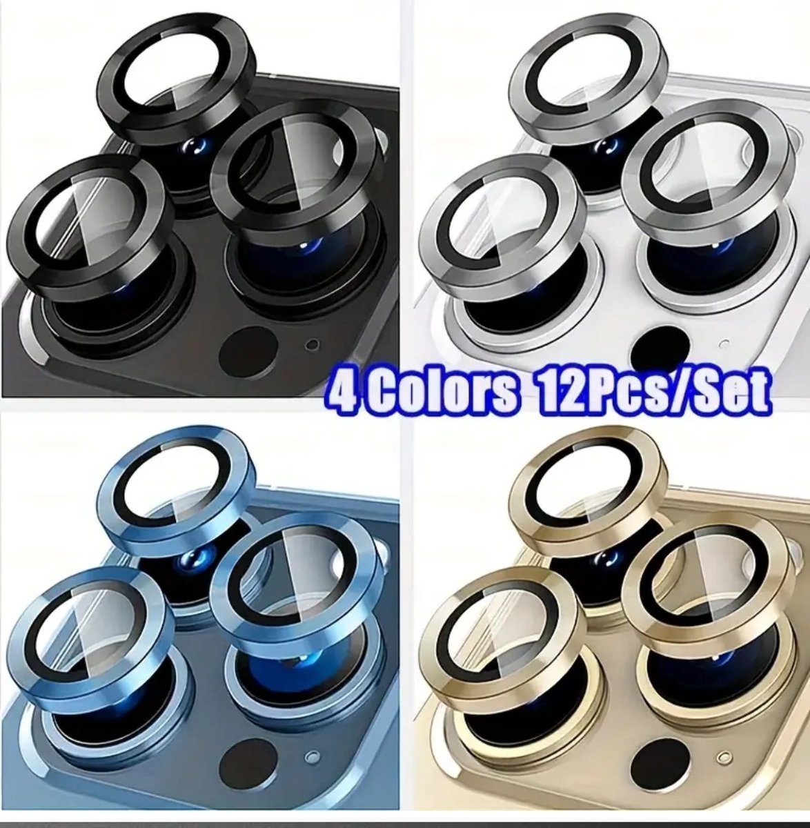 Cameralensbeschermers voor iPhone 16 pro /16Pro Max Armorite Individuele lensbeschermers, krasbestendig, ultradun gehard glas met aluminium rand, Armorite-serie, set van 12st , 4 kleur zwart, goud, zilver, blauw
