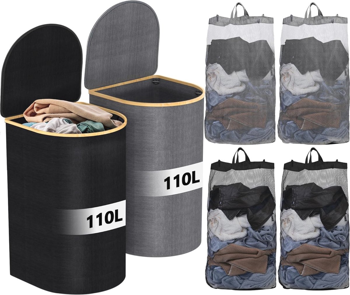 Goedkoopste Wasmand met Deksel en 2 Vakken - 220 Liter Opvouwbare Wasbox voor Sorteren van Kleding