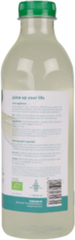 Achterkant van Purasana Aloë Vera sap fles met ingrediënten.