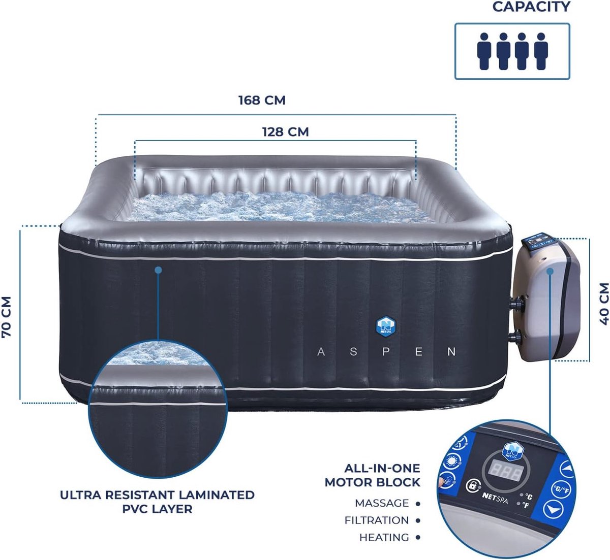 Opblaasbare Spa Luxe 4-zitter - 700L - 168x70cm - Massage en - afbeelding 2