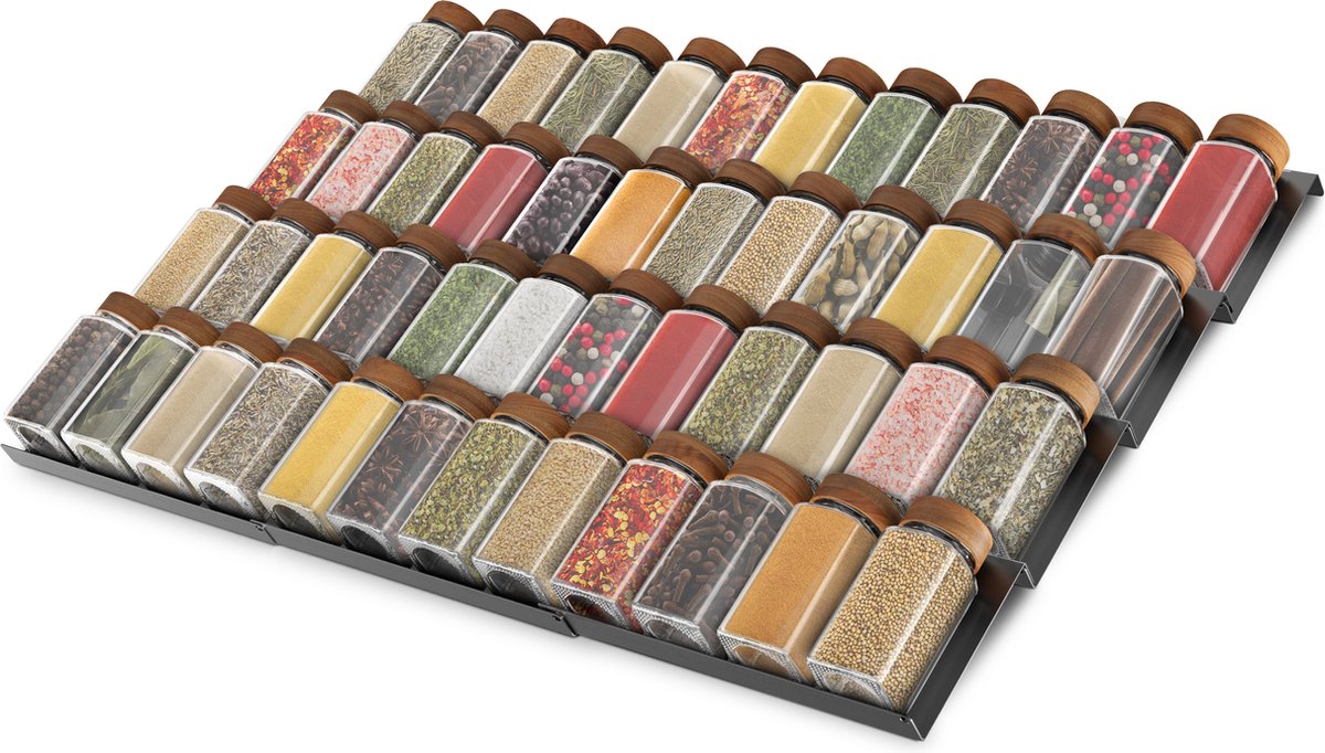 Soothe Kruidenrek Lade voor 48 Kruidenpotjes - Uitschuifbaar - 12 Set - Kruiden Organizer - Kruidenrekken - Kruidenrekje - RVS