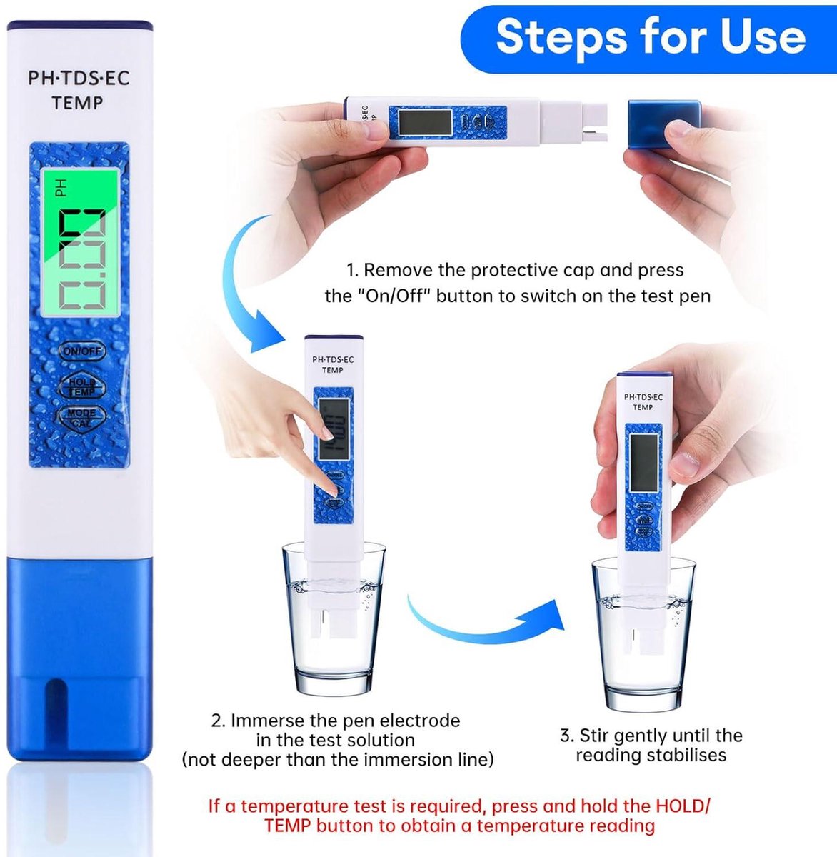 Testeur Qualité Eau 4 En 1 PH TDS EC Température - PH Mètre Numérique Haute Précision 0.01 Pour Piscine, Aquarium, Eau Potable