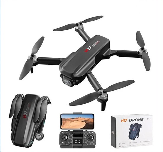 Zwarte opvouwbare drone met 4 propellers en afstandsbediening met telefoonhouder, inclusief opgevouwen drone en verpakking.