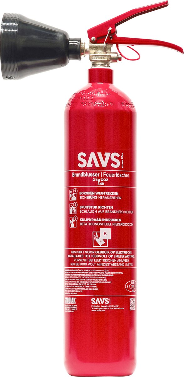 SAVS® Brandblusser CO2 - 2 kg - 34B - Met montagebeugel - Geen restschade - CO2 blusser