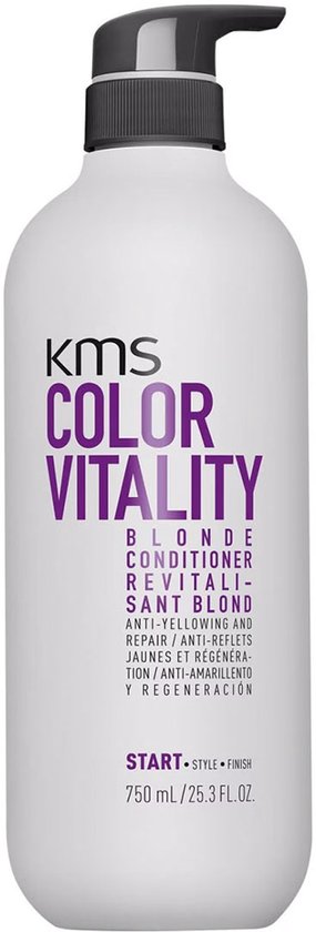 Witte KMS Color Vitality Blonde Conditioner fles met grijze pompdispenser en granaatappel-icoon.
