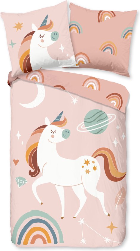 Aminata kids Beddengoed voor kinderen, 135 x 200 cm, meisjes, eenhoorn, katoen, roze, met ritssluiting met regenboog, diermotief paard, omkeerbaar kinderbeddengoed voor eenpersoonsbed