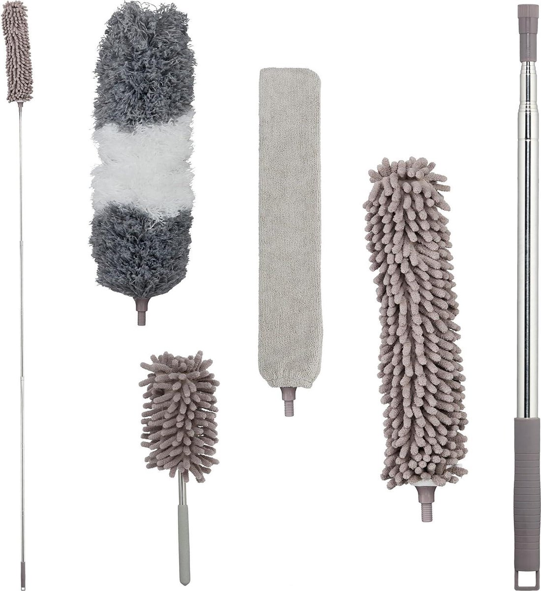 Goedkoopste Plumeau set - 4 opzetstukken - telescoopsteel 25 meter - wasbaar - buigbaar - ragebol - uitschuifbaar - grijs ragebol