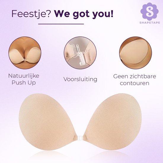Drie iconen met de tekst: Natuurlijke Push Up, Voorsluiting, Geen zichtbare contouren. Beige plak-bh onderaan.