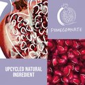 Close-up van granaatappelpartjes en tekst 'Upcycled Natural Ingredient'.