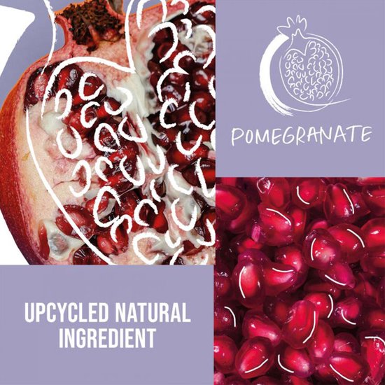 Close-up van granaatappelpartjes en tekst 'Upcycled Natural Ingredient'.