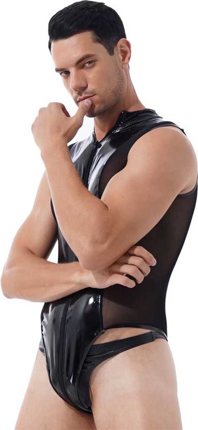 Mannen latex wetlook Catsuit - Erotische bodysuit PU Leder - Jumpsuit - Mouwloos - Transparante zijkanten - Ritssluiting