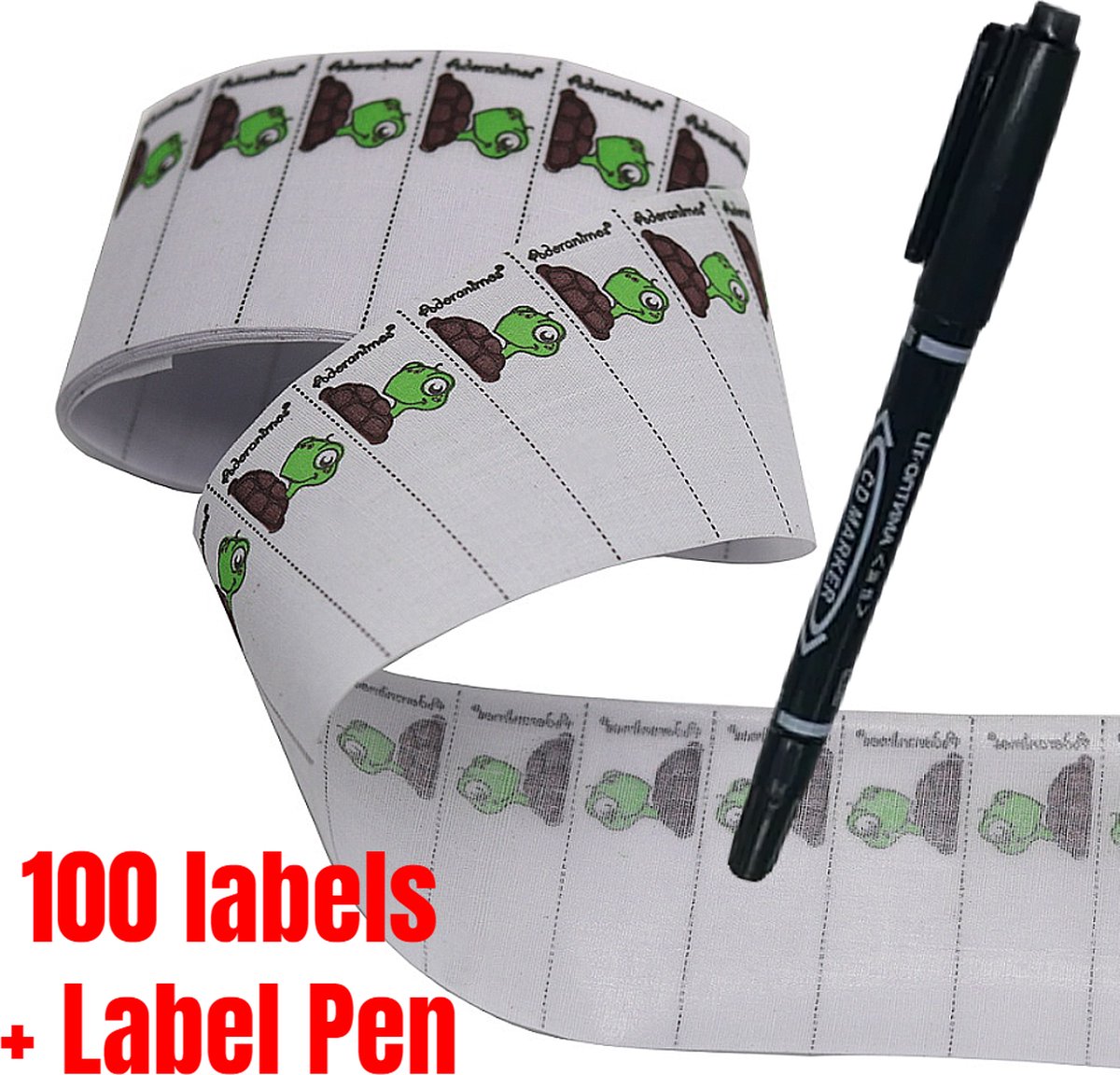 Allernieuwste.nl® Set Textiel Naam Labels Schildpad - Wasbare Kleding Etiketten - Kinderkleding Naam Tags - Opstrijk Naamlabels - SET 100 Stuks + Pen Zwart ##