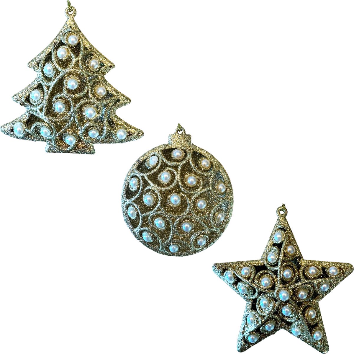 HEM Kerstornamenten Set Goud – 3-delig – Luxe Kersthangers met Parels & Glitters – Ster, Bal & Boom – Chique Kerstversiering voor in de Kerstboom