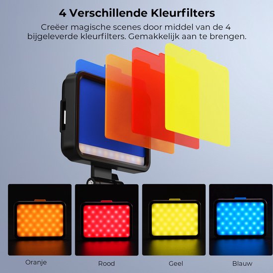 LED-videolamp met oranje, rode, gele en blauwe kleureffecten.