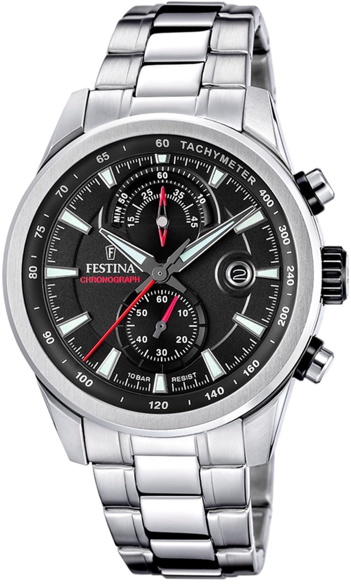 Festina F20694-6 Heren Horloge - Chronograaf - Mineraalglas - Roestvrijstaal-Staal - Zilverkleurig - Ø 44 mm - Quartz - Vouw-Vlindersluiting