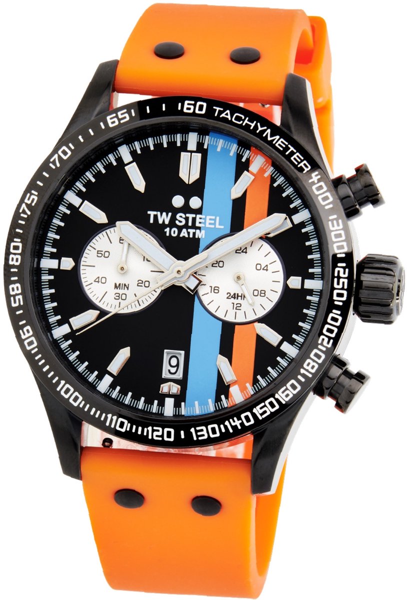 TW Steel TWVS124 New Volante Heren Horloge - Mineraalglas - Staal-Silicone - Oranje-Zwart - 45 mm breed - Quartz - Gesp - 10 ATM (zwemmen)