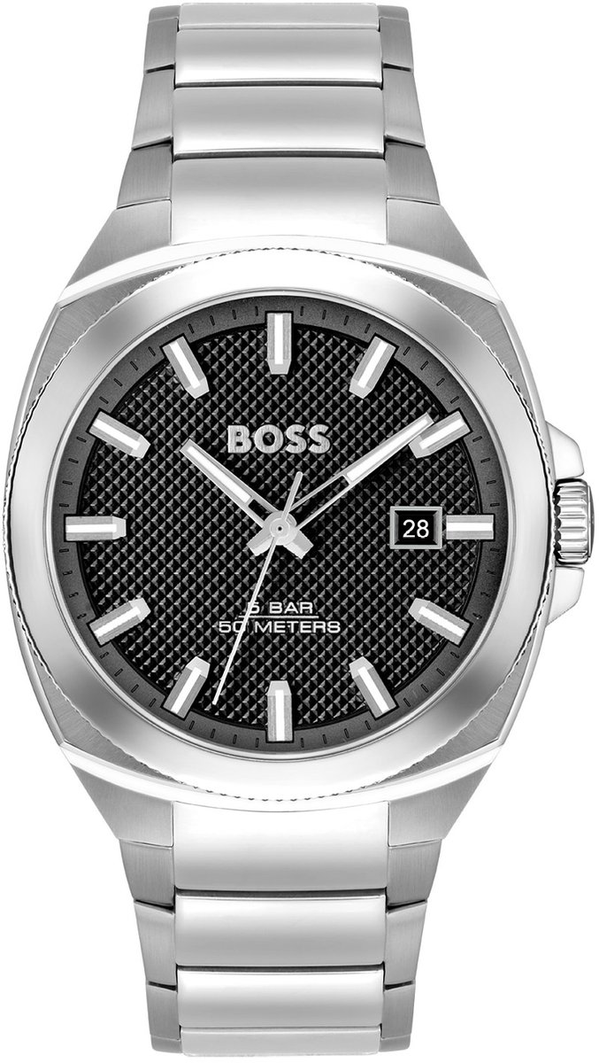 BOSS HB1514136 WALKER Heren Horloge - Mineraalglas - Staal - Zilverkleurig - 41 mm breed - Quartz - Vouw-Vlindersluiting - 5 ATM (douchen)