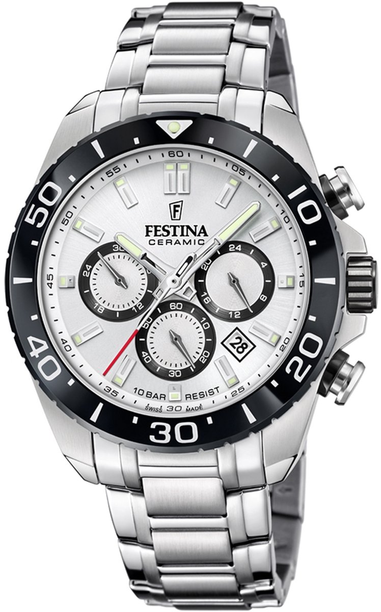 Festina F20042-1 Heren Horloge - Chronograaf - Mineraalglas - Roestvrijstaal-Staal - Zilverkleurig - Ø 44 mm - Quartz - Vouw-Vlindersluiting