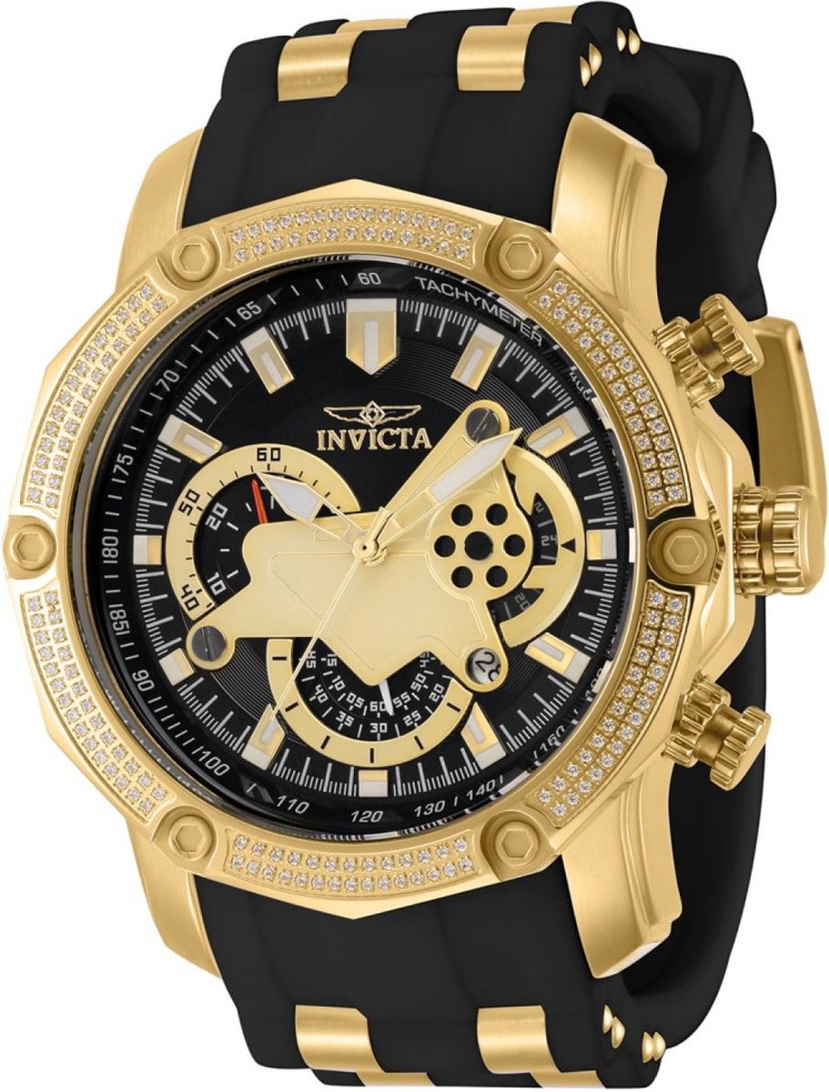 Invicta Pro Diver 38005 Heren Horloge - Waterdicht - Analoog - Quartz Uurwerk - Roestvrij Staal met zwarte Wijzerplaat - 50mm - Met 168 diamanten
