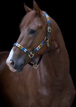 Leren Paardenhalster – Polo Print Goud Wit Blauw – Maat Cob – Verstelbaar & Uniek Design – MTB Equestrian