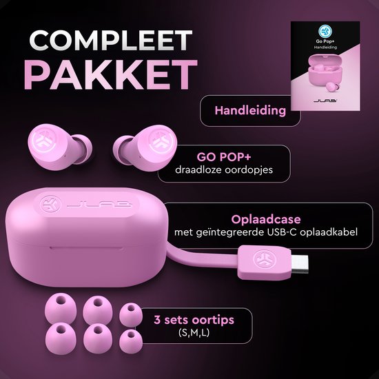 JLab Go Pop Draadloze Oordopjes - Bluetooth Oortjes Draadloos - 35 uur Batterijduur - Be Aware Audio - Met Microfoon - Geschikt voor Android en Apple - Roze