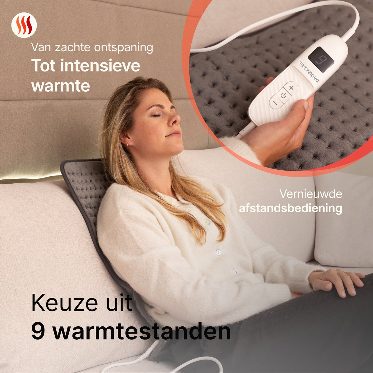 Seranova Elektrisch Warmtekussen voor Rug, Voeten, Nek, Schouders, Buik - Heating Pad - Verwarmingskussen - Wasmachine - 60x30cm - Donkergrijs — afbeelding 4