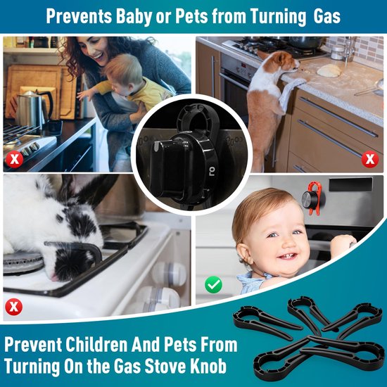 Afbeeldingen die voorkomen dat baby's en huisdieren de gasoven aanzetten. Zwarte knop sloten en een baby met een glimlach.