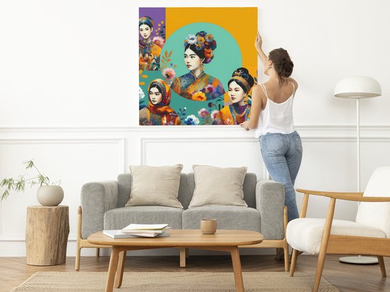 Olieverf dikke dames schilderij | Vetgebekte vrouwen gevat in kleurrijk olieverf meesterwerk | Kunst - 100x100 centimeter op Forex | Foto op Forex