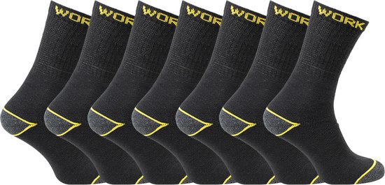 Zeven zwarte werksokken met gele accenten op de hiel en boord met 'WORK' tekst.